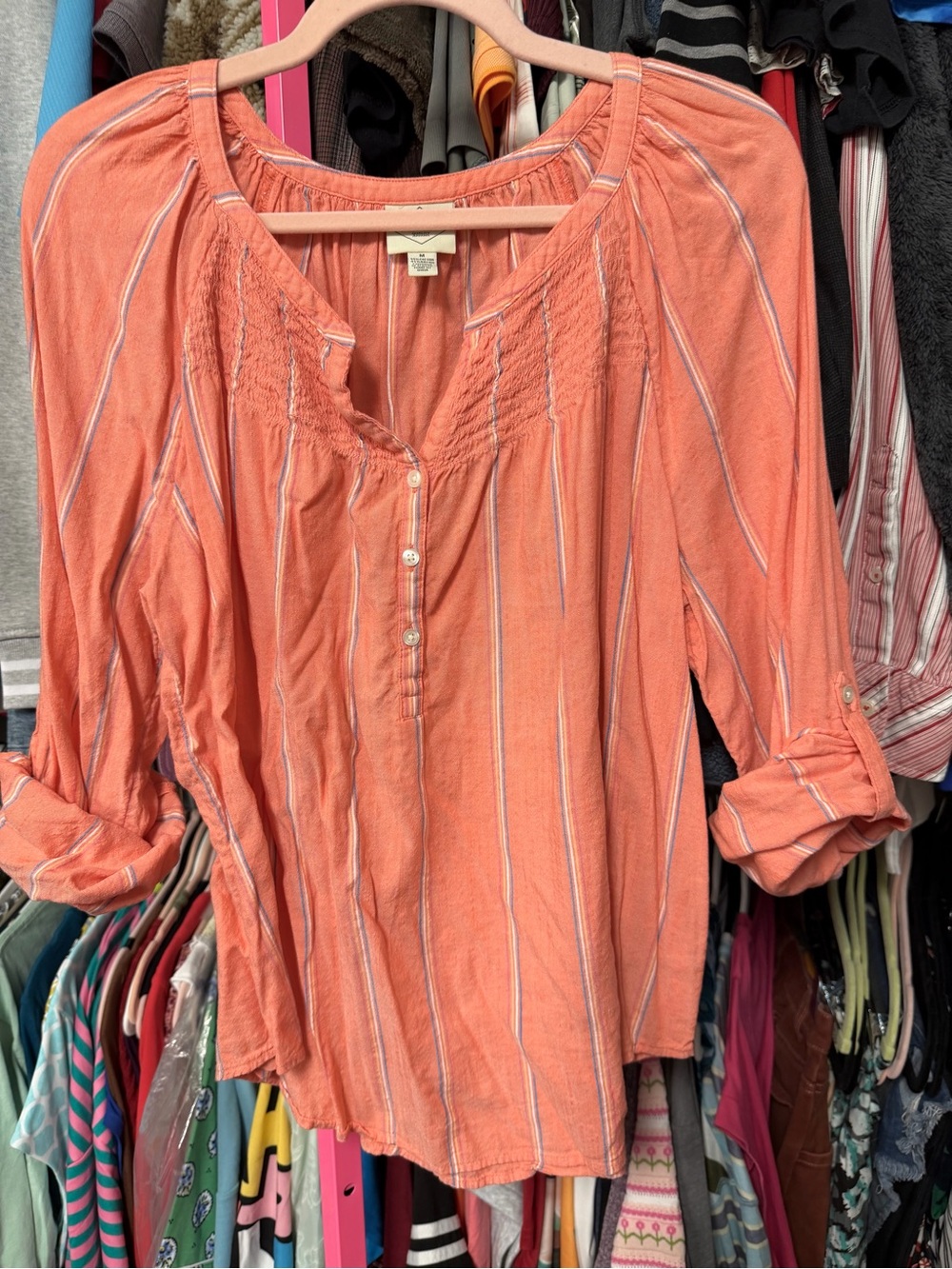 St. John’s Bay womens size Medium Blouse Orange Pinstripe Smocked Peasant Shirt